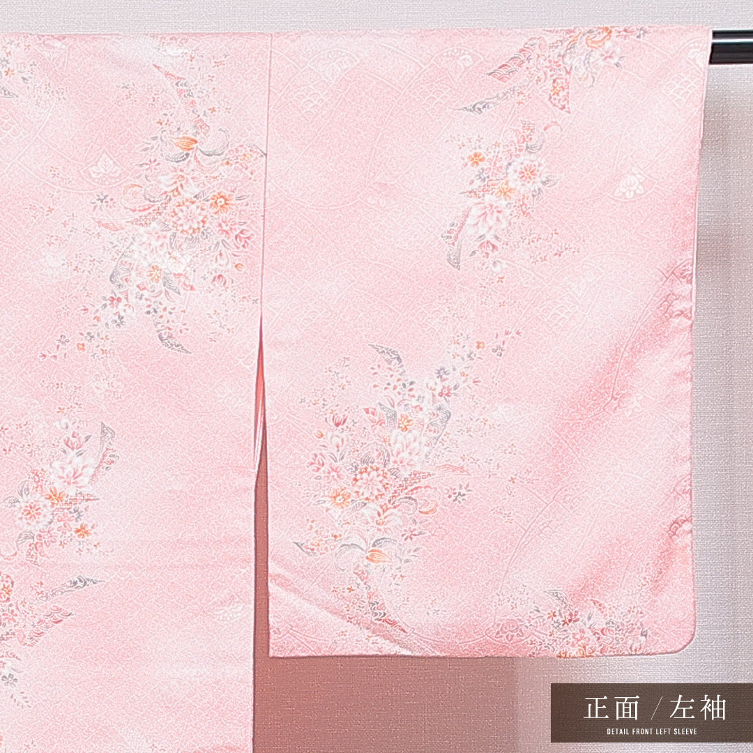 洗える着物 小紋 袷 身丈157cm 裄丈63cm ポリエステル Sランク インフォーマル 広衿 Mサイズ 熨斗 橘 ピンク系 RP 1221-16369