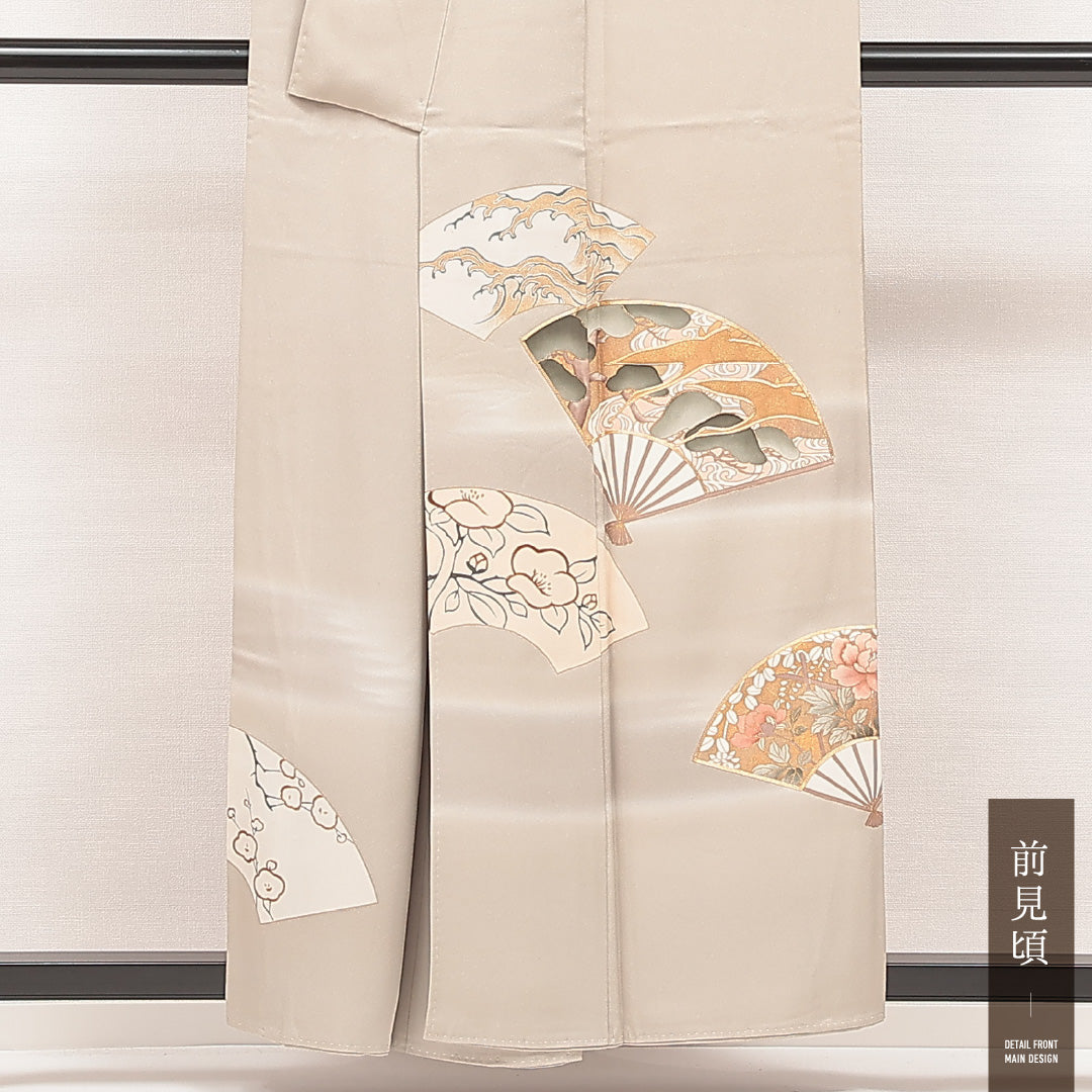 訪問着 袷 身丈155cm 裄丈63cm 正絹 Sランク Mサイズ 広衿 一つ紋(丸に違い鷹の羽) セミフォーマル 扇 椿 金駒刺繍 ベージュ系 1212-16872
