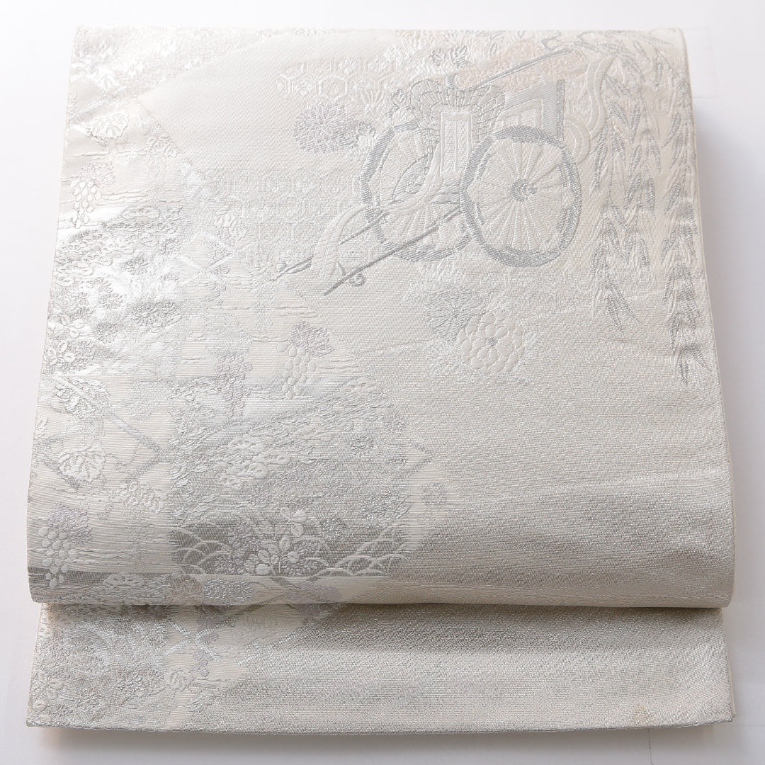 袋帯 帯丈420cm フォーマル 六通 Aランク 正絹 御所車 クリーム系 銀系 1223-02126