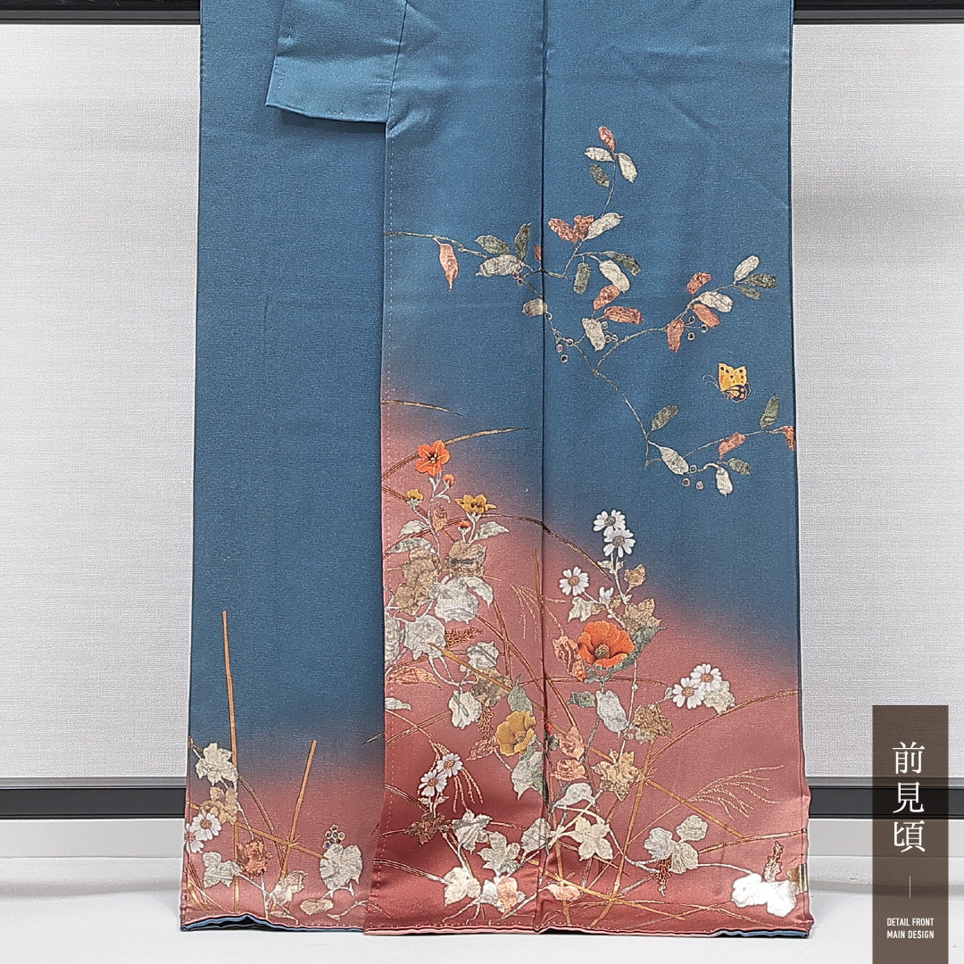 訪問着 袷 身丈168cm 裄丈66cm 正絹 Bランク セミフォーマル 広衿 XLサイズ 染色作家 松森和隆 ぼかし染 金彩 作家物 落款 椿 青系 RP 1217-15108