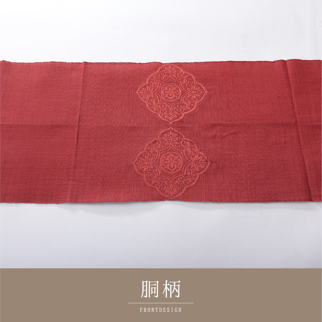 八寸名古屋帯(紬) 帯丈346cm カジュアル 開き仕立て ポイント柄 Sランク 正絹 鏡裏文 赤系 1224-03913