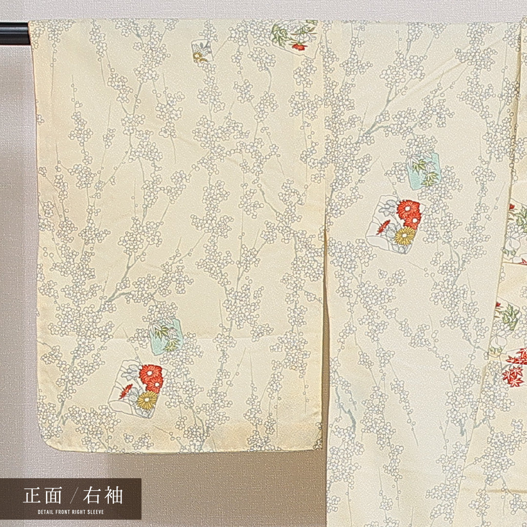 洗える着物 小紋 袷 身丈154cm 裄丈64cm ポリエステル Aランク インフォーマル 広衿 Sサイズ 梅 桜 黄系 HP 1221-16377