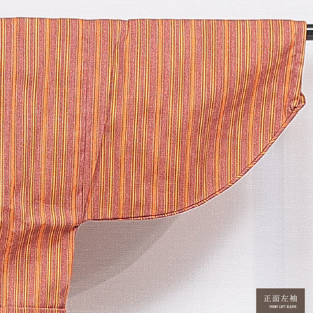 ウールの道中着(紬) 洗える着物 単衣 身丈69cm 裄丈66cm ウール Sランク Mサイズ カジュアル 縞 朱系 1264-16816