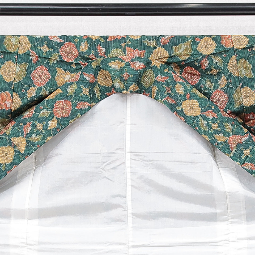 紬 袷 身丈150cm 裄丈65cm 正絹 Sランク カジュアル 広衿 Sサイズ 花柄 緑系 RP 1223-15110