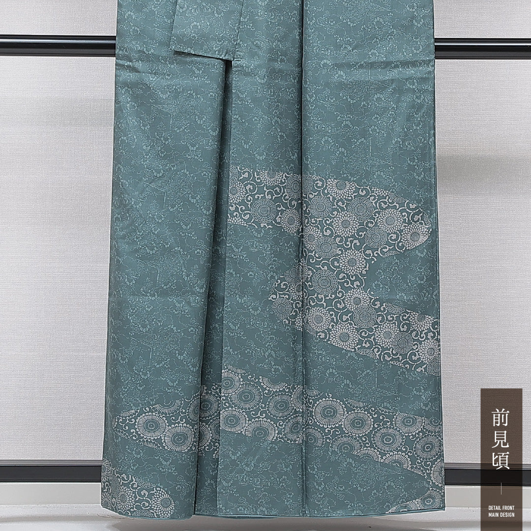 付下げ 袷 身丈158cm 裄丈65cm 正絹 Sランク インフォーマル 広衿 Mサイズ 染め紬 唐菊 青系 M4 1218-15611