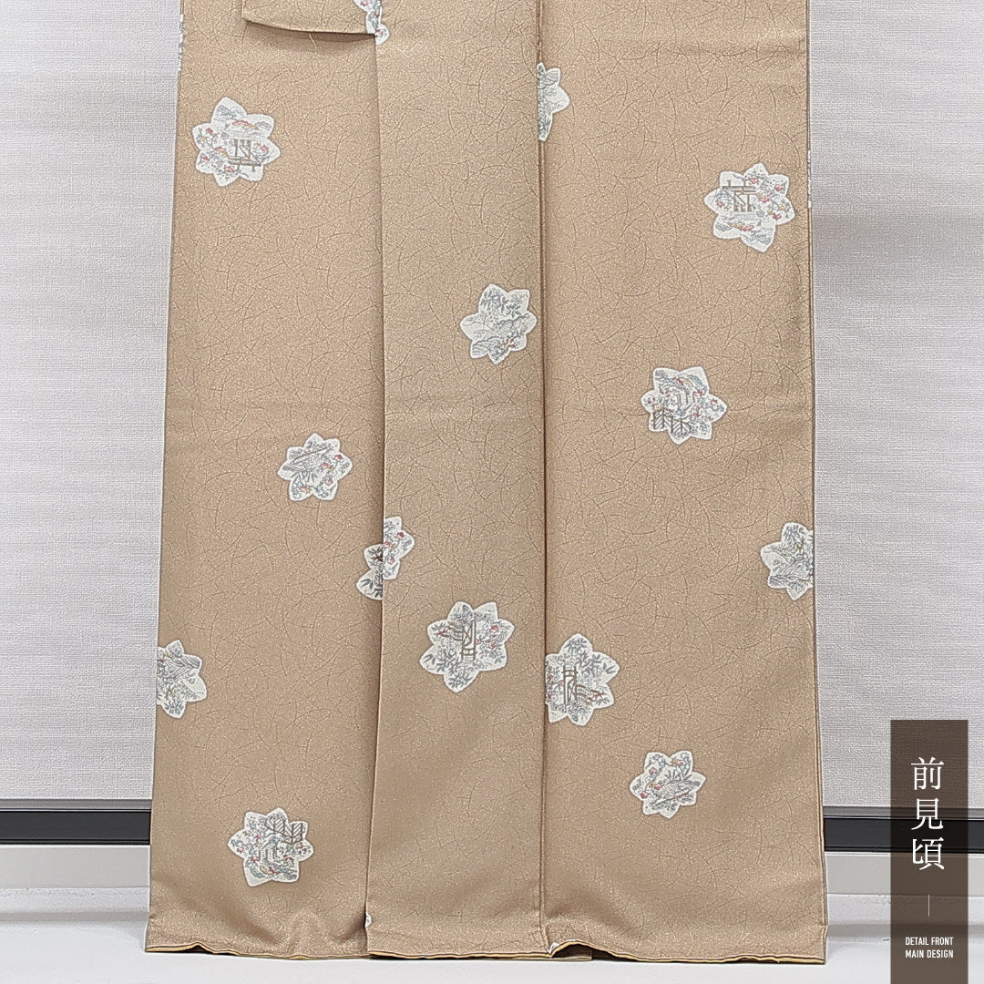 洗える着物 小紋 袷 身丈164cm 裄丈66cm ポリエステル Sランク インフォーマル 広衿 Lサイズ 花柄 黄系 RP 1221-15545