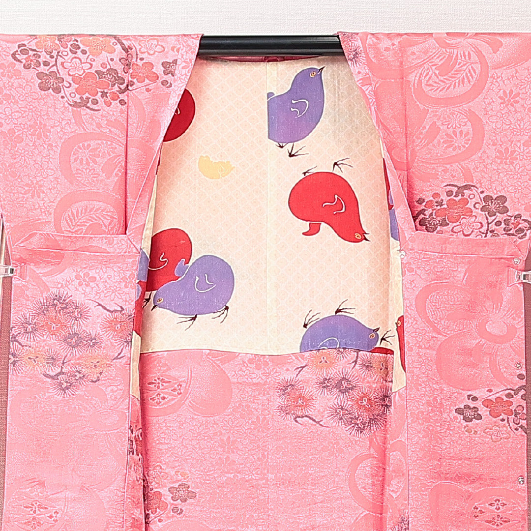 アンティーク 道行コート(お召) 袷 身丈98cm 裄丈65cm 正絹 Bランク Mサイズ ポケットあり 梅 ピンク系 1263-15276