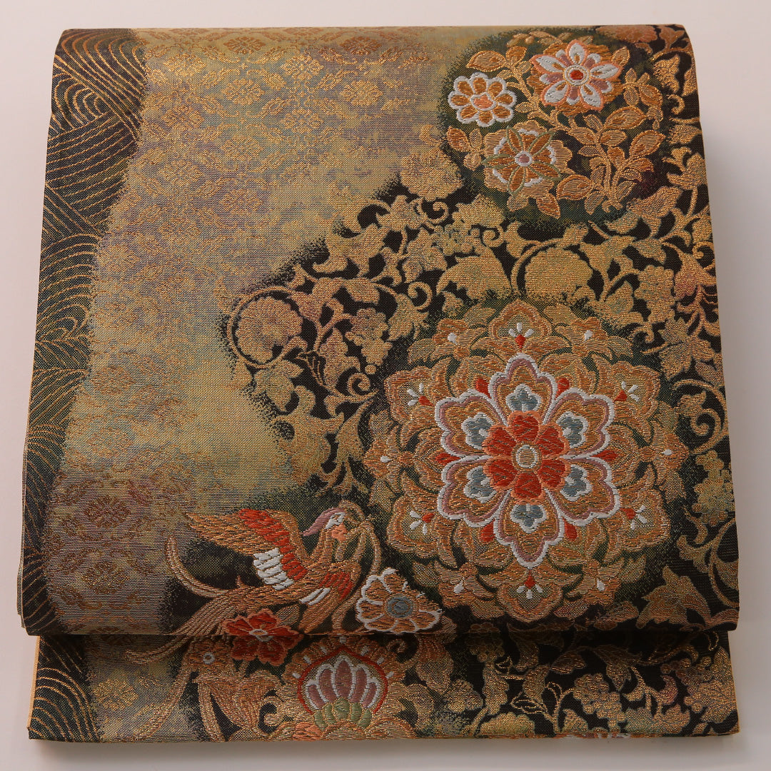 袋帯 帯丈428cm フォーマル 六通 Sランク 正絹 唐華 金系 黒系 1223-01899