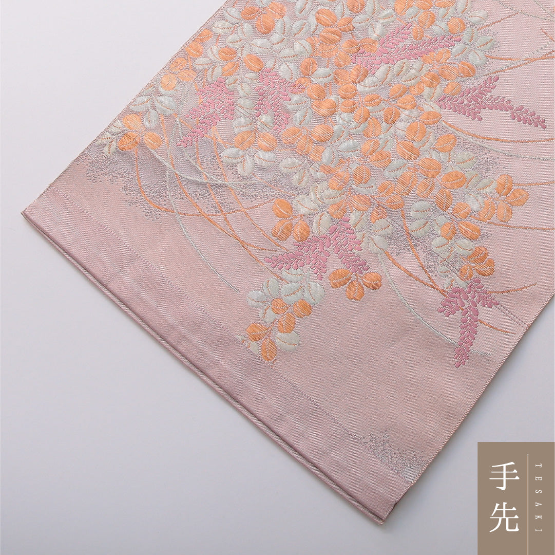 八寸名古屋帯 帯丈374cm カジュアル 開き仕立て 六通 Aランク 正絹 藤 ピンク系 紫系 1224-03492