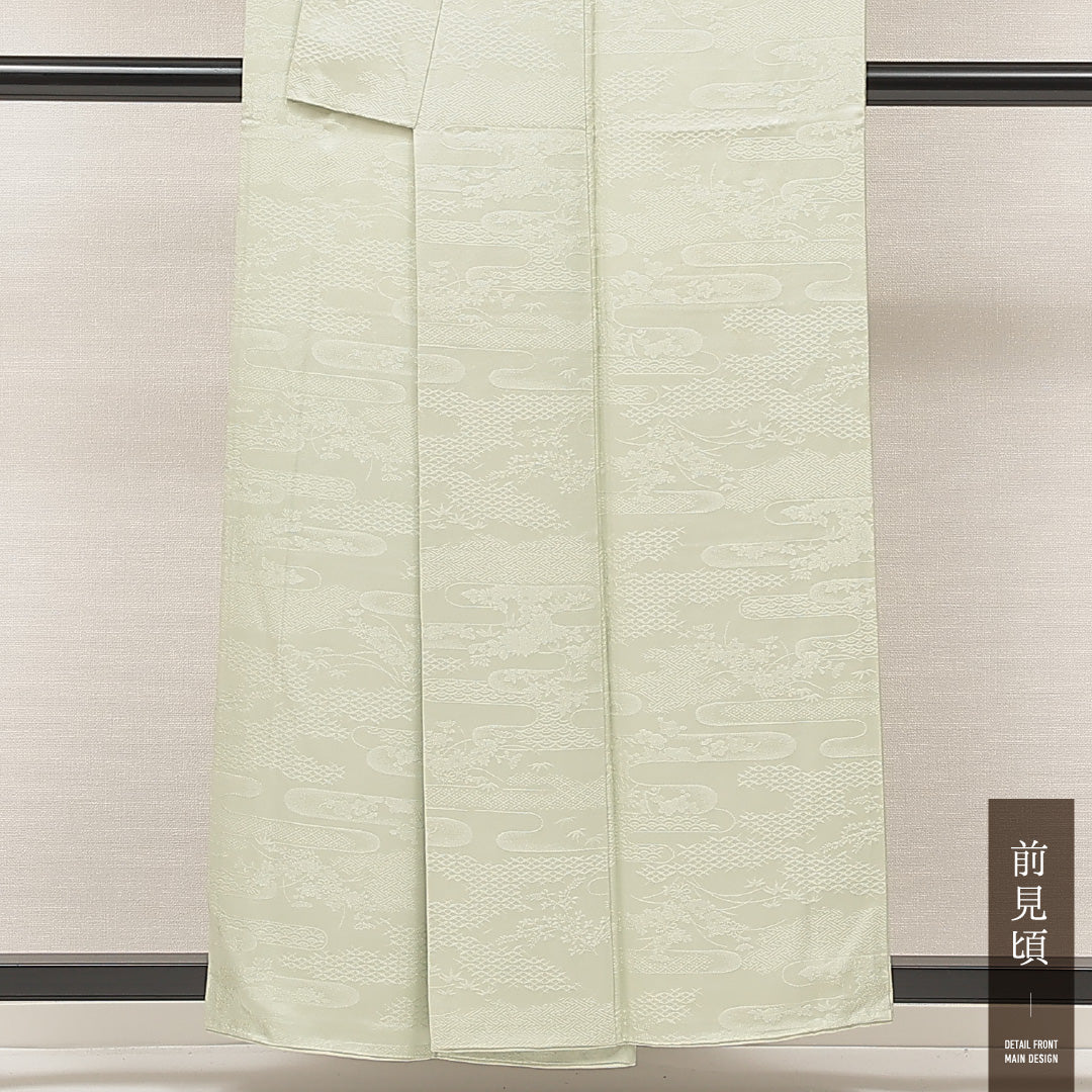 色無地 袷 身丈157cm 裄丈68cm 正絹 Cランク Mサイズ 広衿 インフォーマル 紋意匠 吉祥文様 緑系 1214-16893