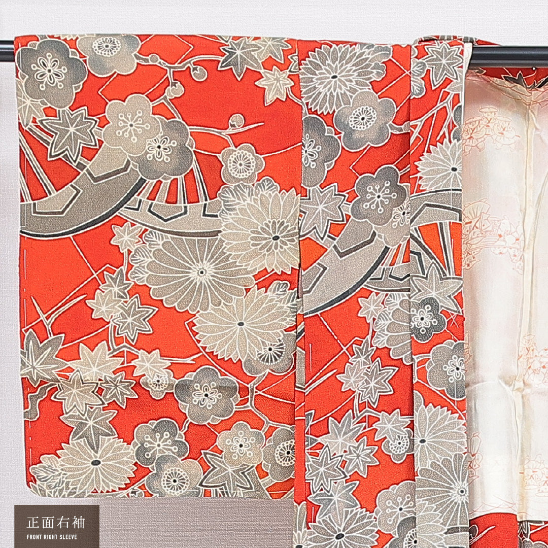 アンティーク 羽織 袷 身丈87cm 裄丈67cm 正絹 Bランク Mサイズ ちりめん 菊 赤系 1217-16813