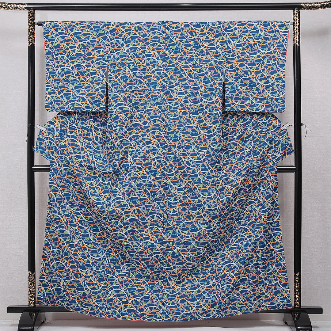 小紋 洗える着物 袷 身丈163cm 裄丈64cm ポリエステル Sランク Lサイズ 広衿 インフォーマル 竹 笹 青系 1215-15793