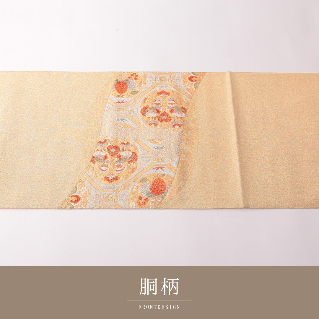 袋帯 帯丈412cm 正絹 六通 フォーマル 蜀江 丸文 金系 1243-01821