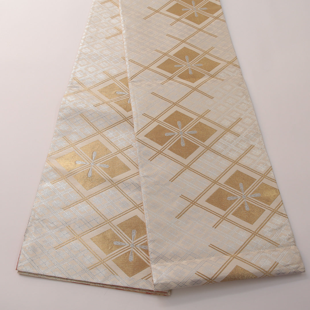 袋帯 帯丈448cm フォーマル 創作 リバーシブル Sランク 正絹 蝶 菱 クリーム系 金系 1223-01898