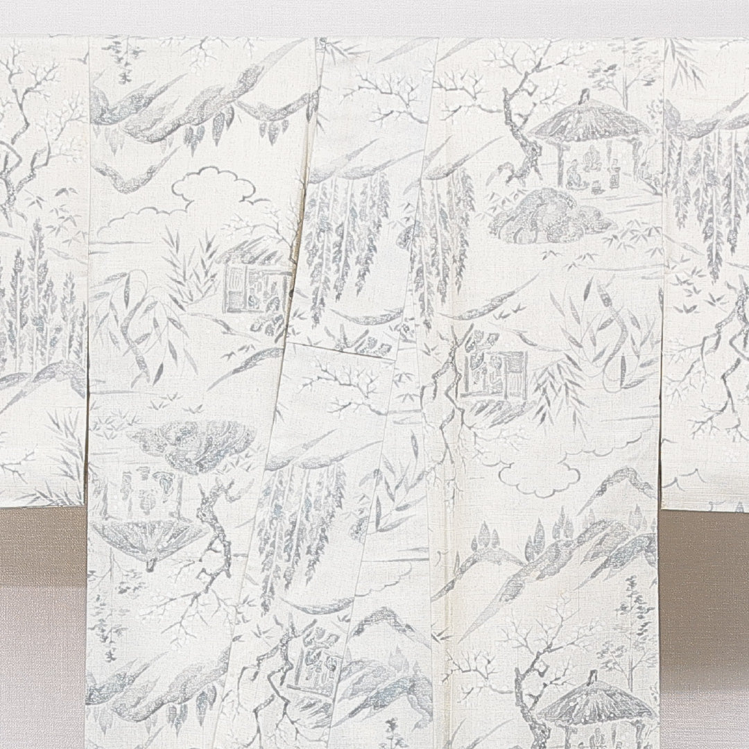 紬 袷 身丈163cm 裄丈64cm 正絹 Cランク カジュアル 広衿 Lサイズ 手描き 染め紬 人物 風景柄 クリーム系 LP 1223-15567