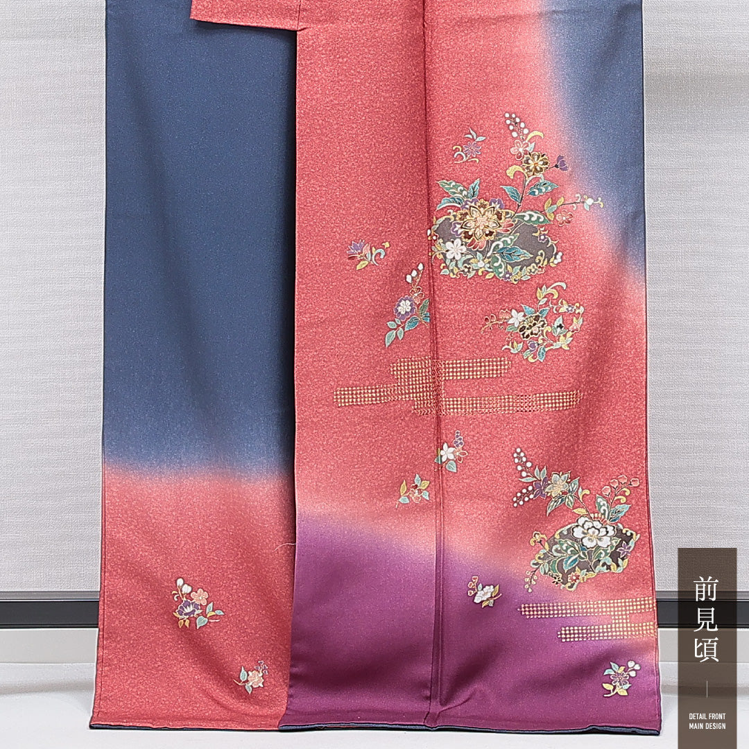 訪問着 袷 身丈169cm 裄丈64cm 正絹 Sランク セミフォーマル 広衿 XLサイズ 金駒刺繍 唐華 古典的 華やか 多色系 M4 1217-15096