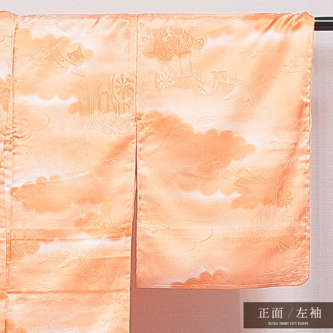 色無地 洗える着物 袷 身丈156cm 裄丈64cm ポリエステル Sランク Mサイズ 広衿 インフォーマル 紋意匠 古典柄 朱系 1214-16024