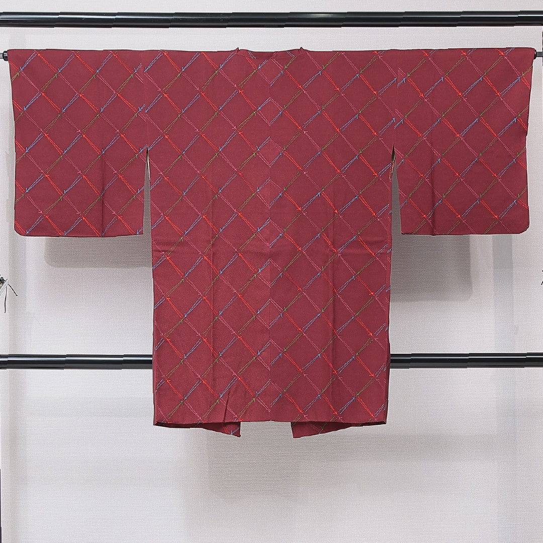 道行コート 袷 身丈94cm 裄丈65cm 正絹 Sランク セミフォーマル Mサイズ ポケットあり 松葉 赤系 RP 1237-16777