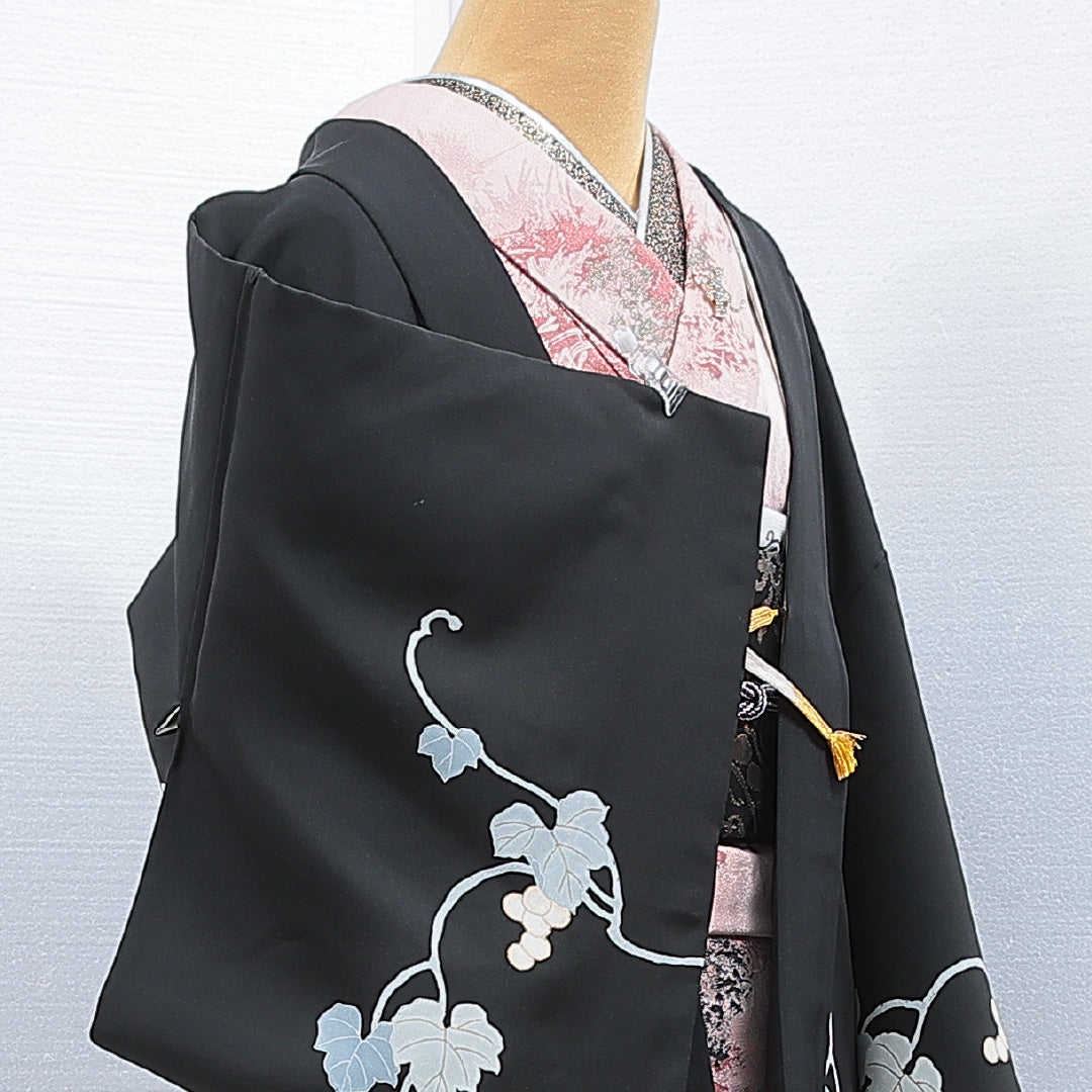 黒羽織 袷 身丈83cm 裄丈64cm 正絹 Sランク インフォーマル Mサイズ 葡萄 黒系 RP 1233-16827