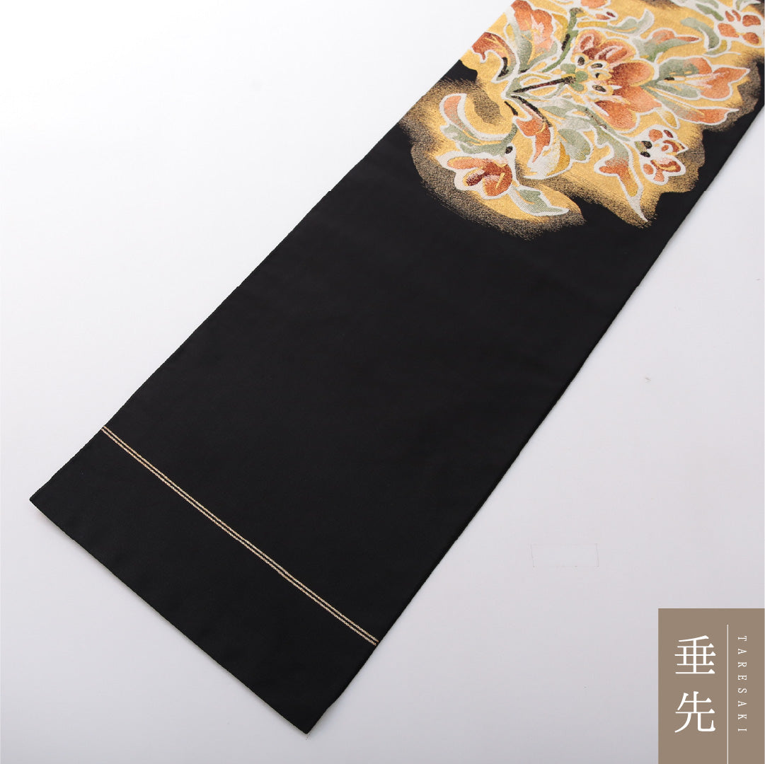 八寸名古屋帯 Sランク 帯丈358cm 正絹 ポイント柄 開き仕立て 帯端のみ未仕立て 織り セミフォーマル 綴れ織 唐華 花柄 黒系 RP 1245-03675