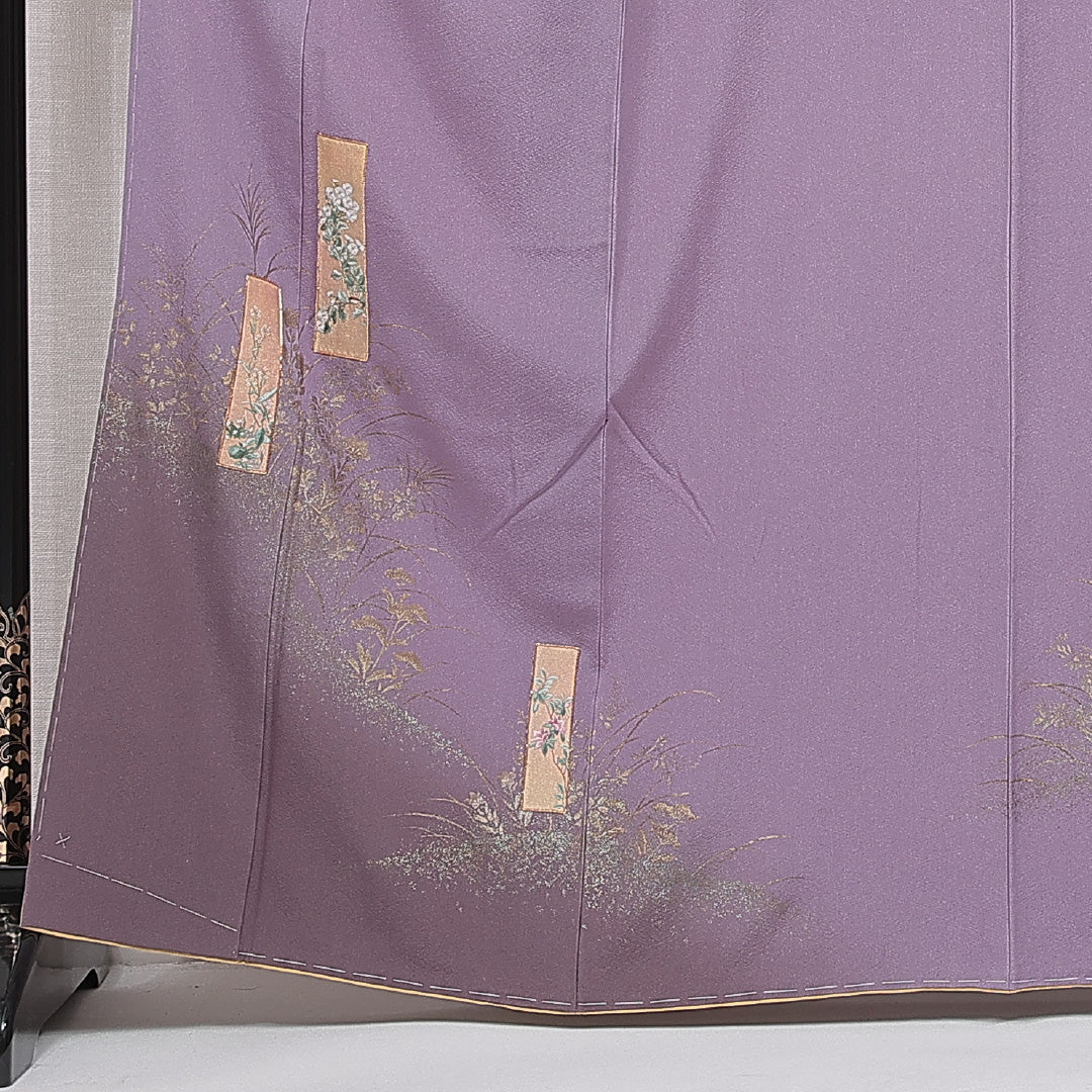 未使用品 付下げ 袷 身丈164cm 裄丈64cm 正絹 Nランク インフォーマル 広衿 Lサイズ 金彩 蘇州刺繍 金駒刺繍 ガード加工 しつけ糸 菊 花鳥 グレー系 M4 1218-15077