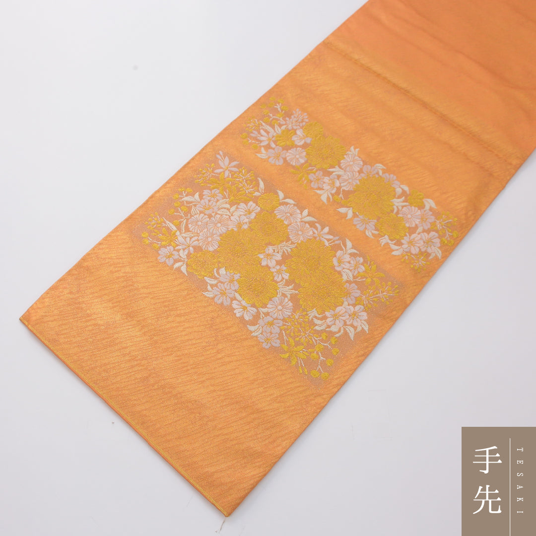 袋帯 帯丈448cm セミフォーマル ポイント柄 Aランク 正絹 菊 金系 朱系 1223-02331