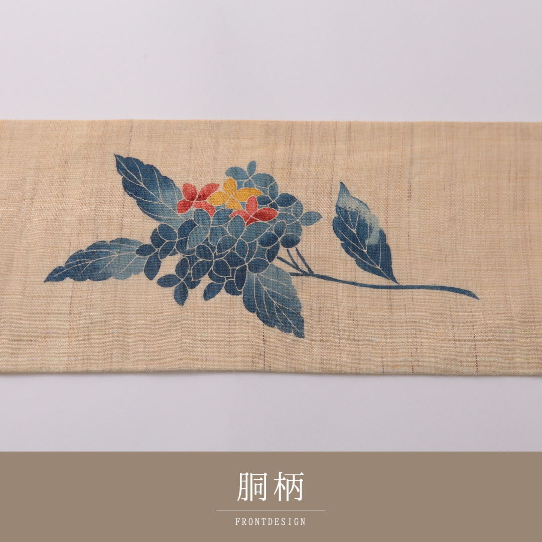 九寸名古屋帯(紬) 帯丈381cm カジュアル 名古屋仕立て ポイント柄 Cランク 正絹 紫陽花 クリーム系 1224-03255