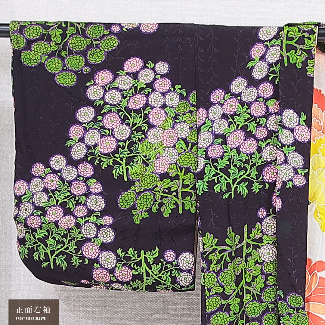 アンティーク 羽織 袷 身丈97cm 裄丈63cm 正絹 Bランク Sサイズ ちりめん 菊 紫系 1217-16821