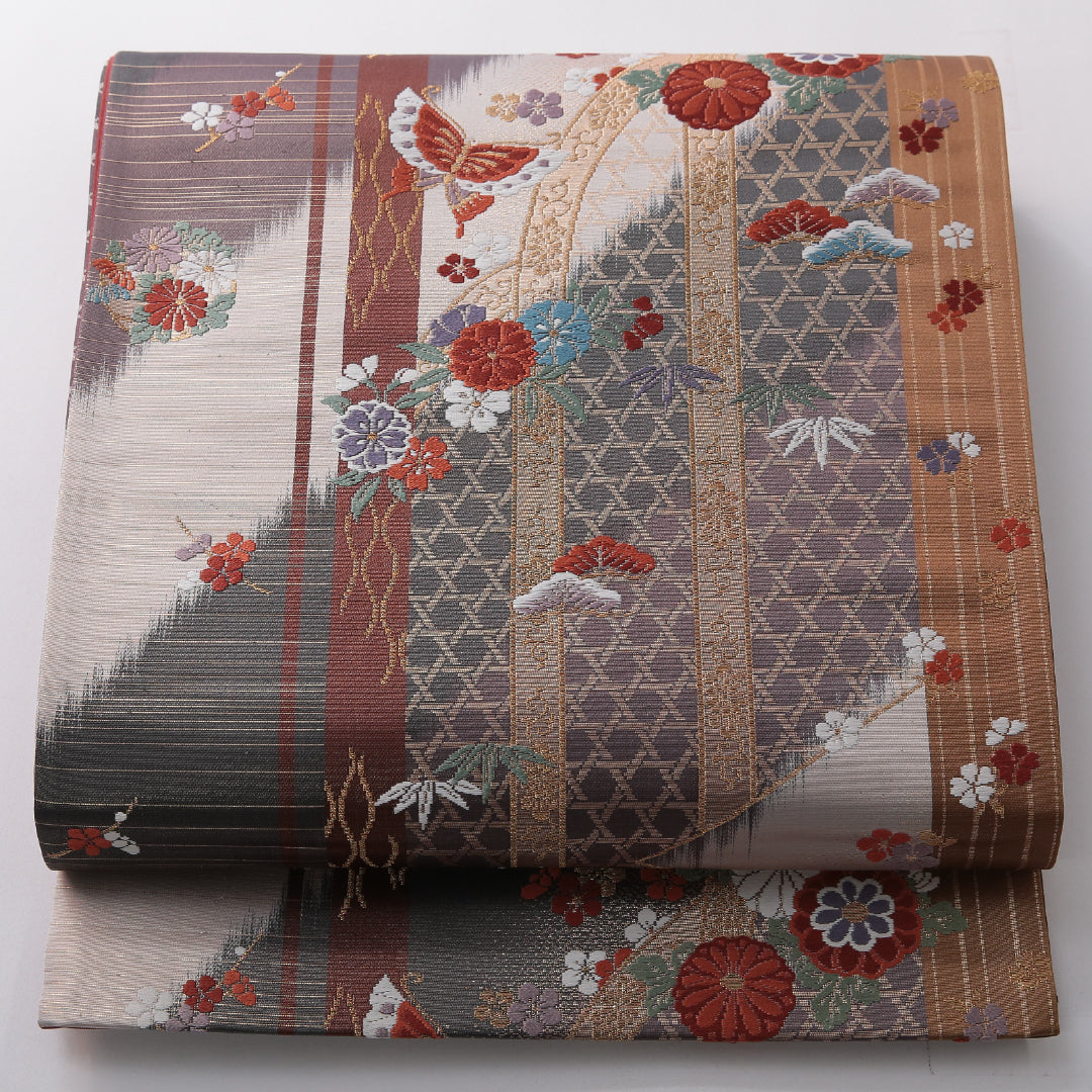 蝶々が素敵な袋帯 リサイクル着物】袋帯 正絹 Sランク 翠鳳唐草紋様 西陣織 蝶 帯丈436cm