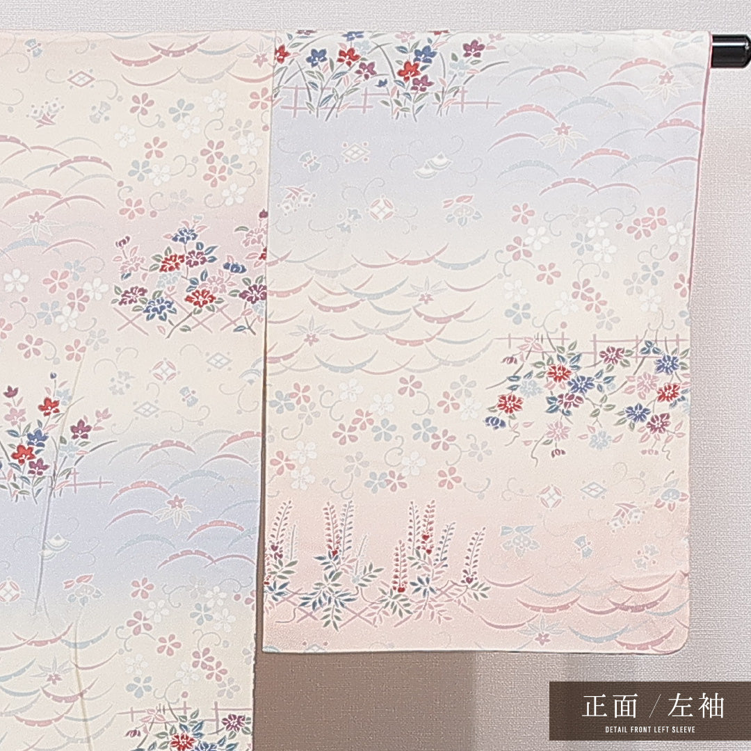 小紋 袷 身丈161cm 裄丈64cm 正絹 Cランク インフォーマル 広衿 Lサイズ 古典柄 クリーム系 HP 1221-15509