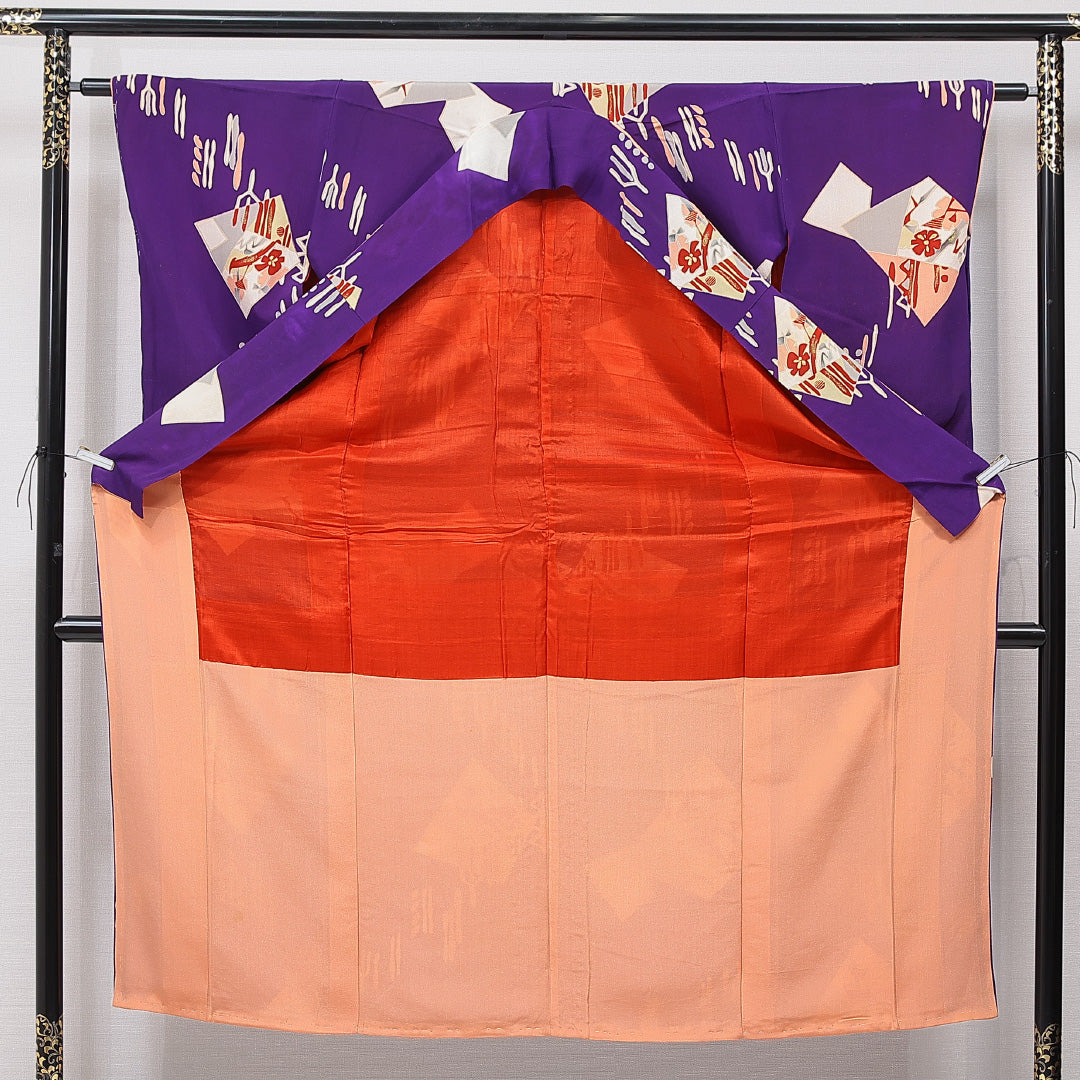 アンティーク 小紋 袷 身丈145cm 裄丈64cm 正絹 Bランク XSサイズ 広衿 創作柄 金彩 紫系 1215-15606