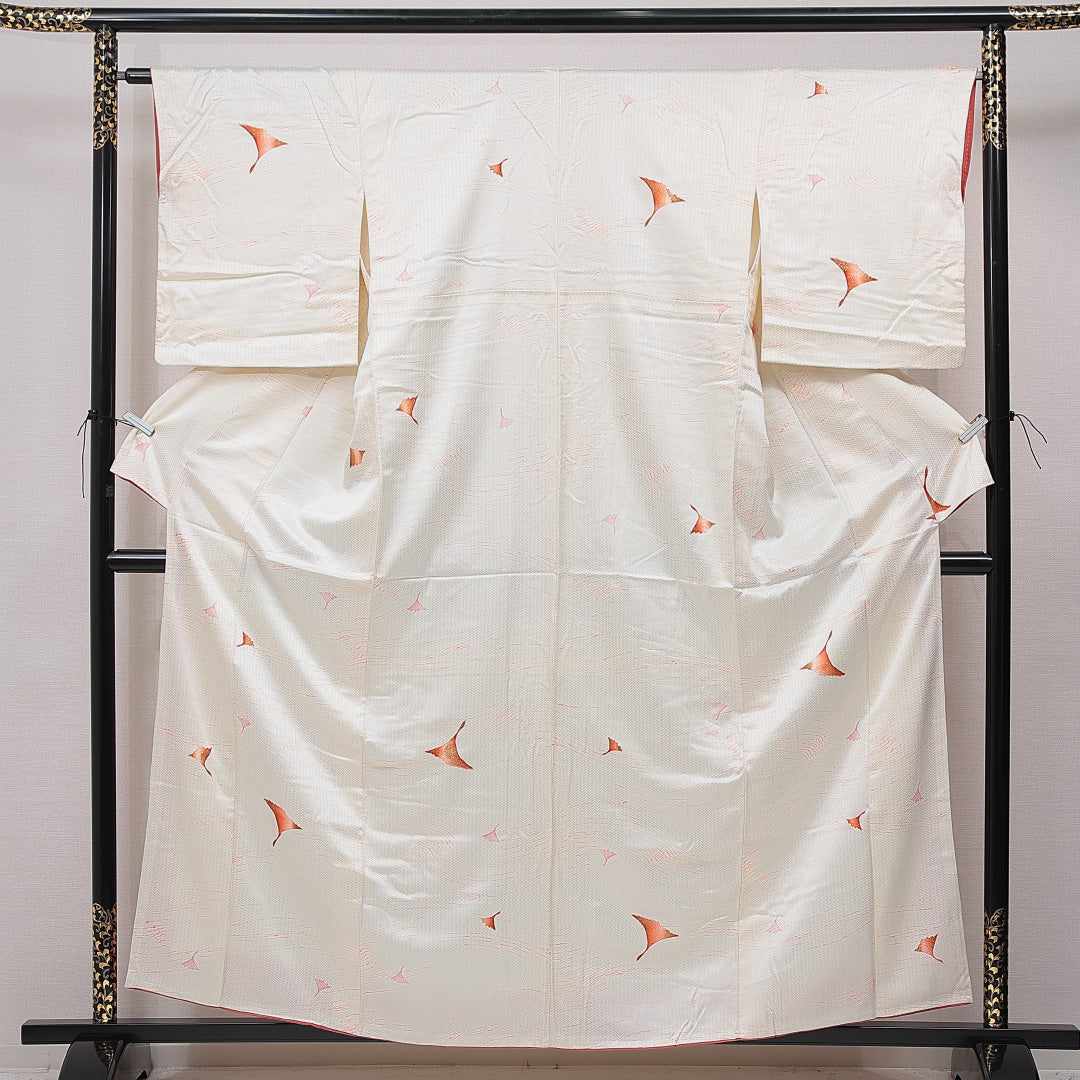 小紋 袷 身丈158cm 裄丈64cm 正絹 Cランク 紋意匠 (網代文様) インフォーマル 広衿 Mサイズ 金彩 銀杏 クリーム系 HP 1221-15751