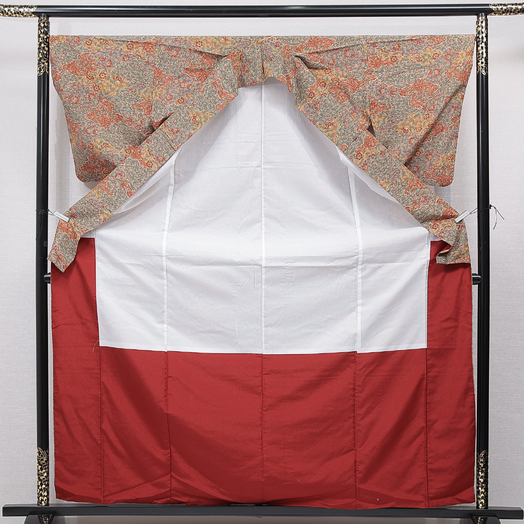 小紋 洗える着物 袷 身丈165cm 裄丈67cm ポリエステル Sランク XLサイズ 広衿 インフォーマル 花柄 多色系 茶系 1215-15799