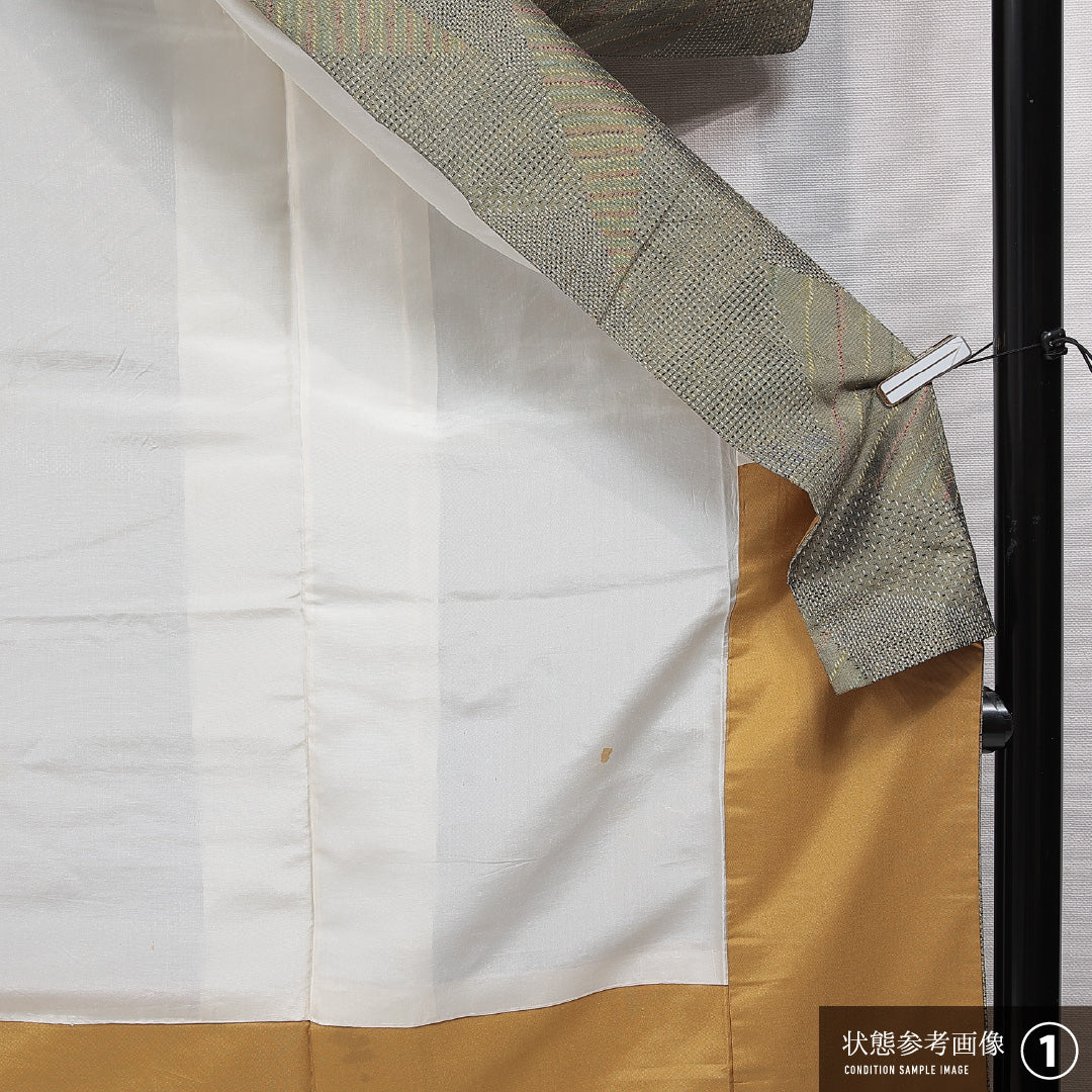 紬 袷 身丈162cm 裄丈63cm 正絹 Sランク カジュアル 広衿 Lサイズ 抽象柄 緑系 RP 1223-15508