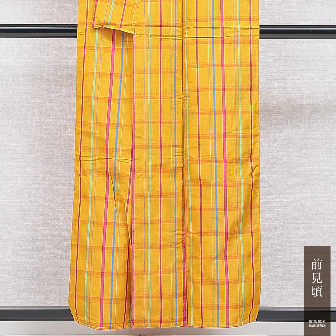 洗える着物 小紋 袷 身丈155cm 裄丈64cm ポリエステル Bランク インフォーマル 広衿 Mサイズ 格子 黄系 HP 1221-16383