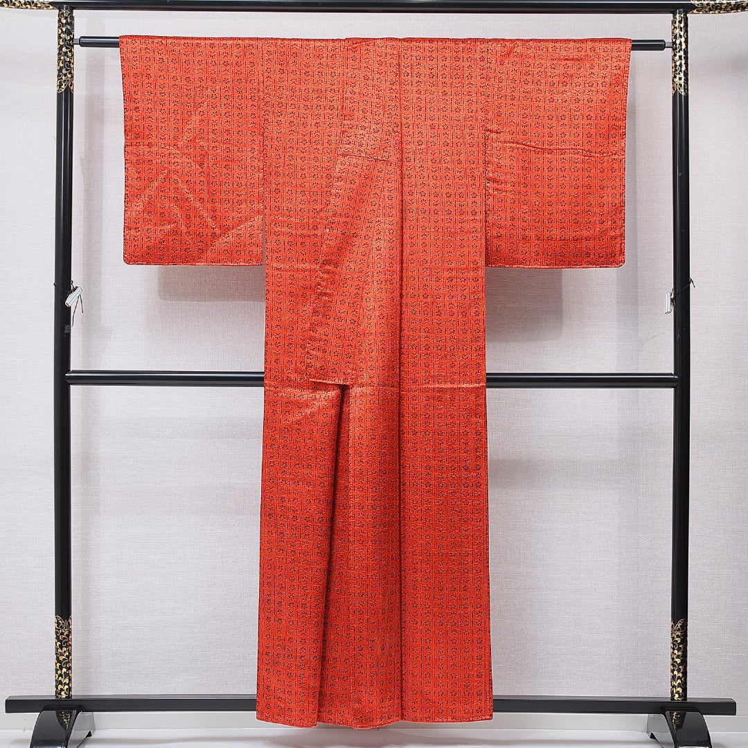 アンティーク 小紋 袷 身丈156cm 裄丈62cm 正絹 Aランク 広衿 Mサイズ 花柄 朱系 RP 1221-16765