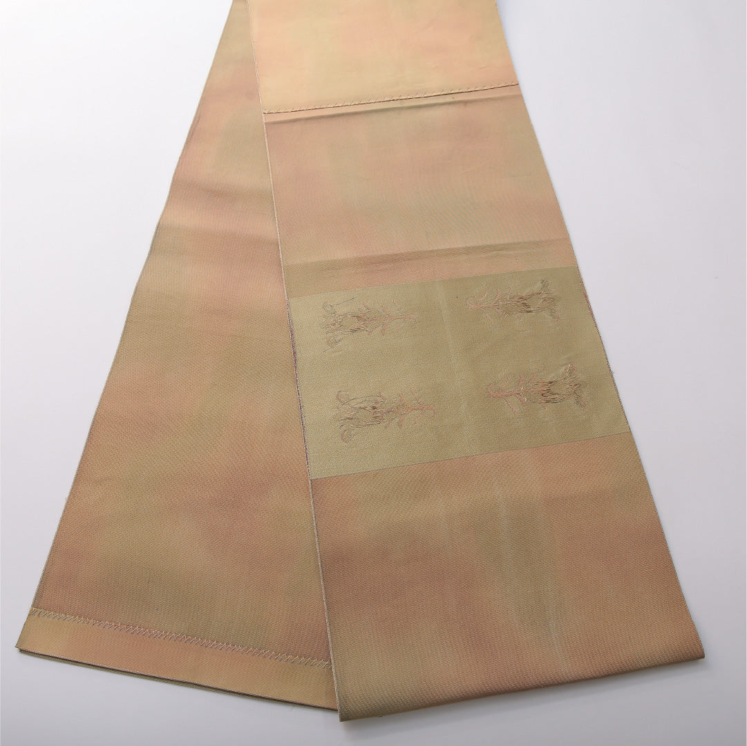 八寸名古屋帯 帯丈356cm セミフォーマル 開き仕立て ポイント柄 帯芯なし Cランク 正絹 花柄 ベージュ系 1224-03506