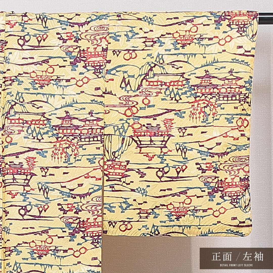 小紋 洗える着物 袷 身丈160cm 裄丈63cm ポリエステル Cランク Lサイズ 広衿 インフォーマル 楼閣 黄系 1215-15786