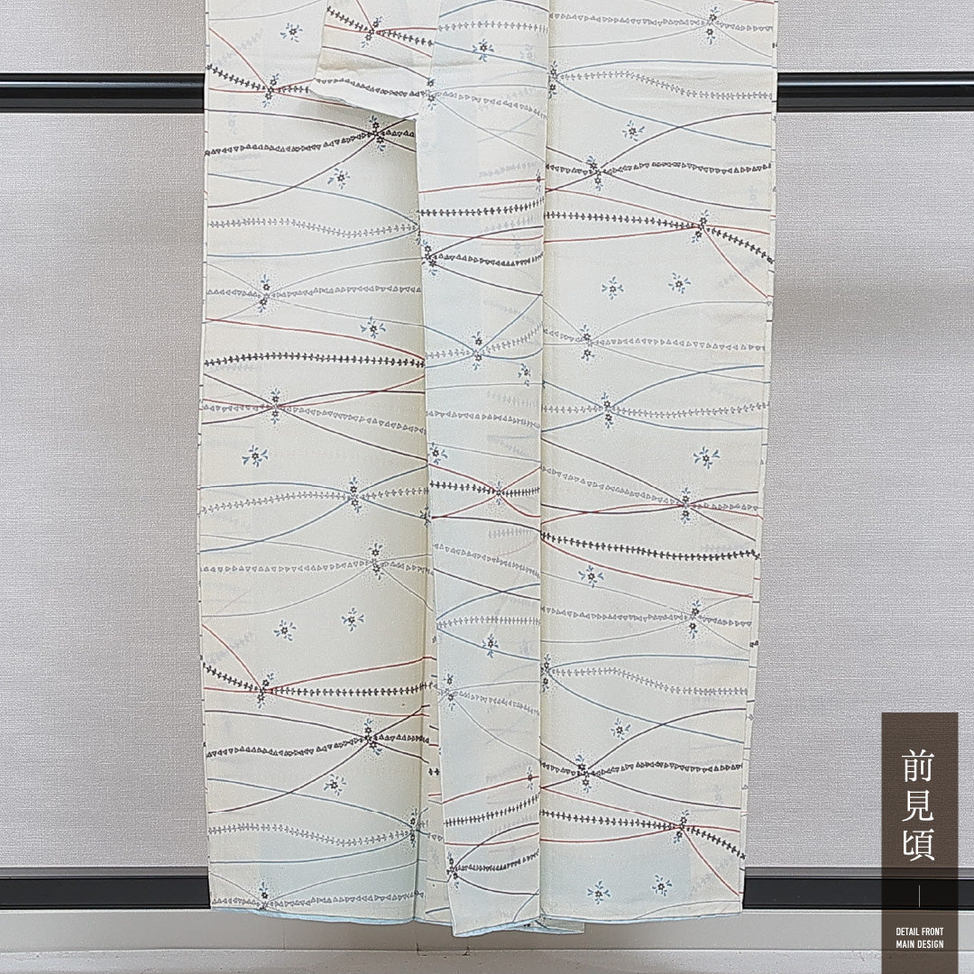 小紋 洗える着物 袷 身丈155cm 裄丈67cm ポリエステル Cランク Mサイズ 広衿 インフォーマル 花柄 クリーム系 1215-16095