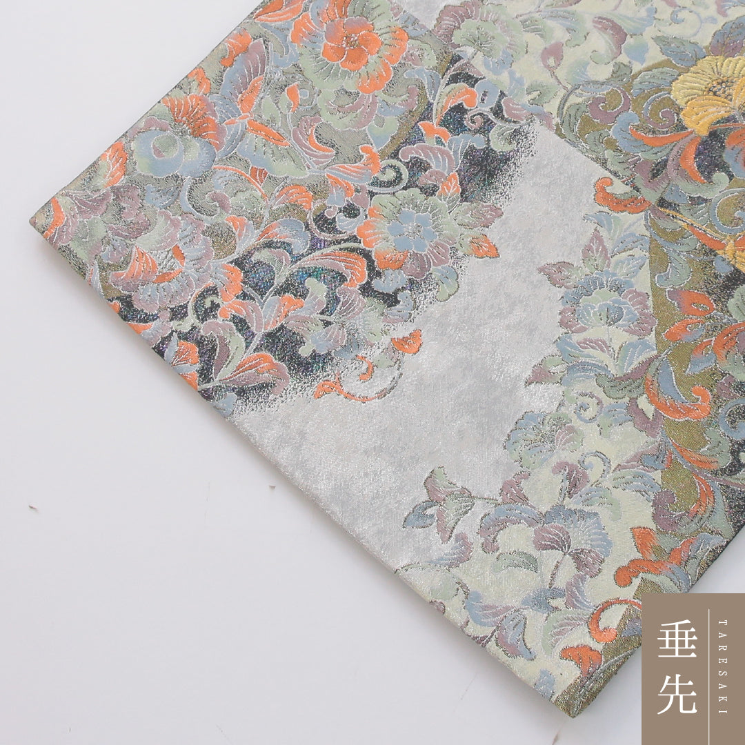 袋帯 帯丈442cm フォーマル 六通 Sランク 正絹 蝶 唐華 銀系 1223-02330