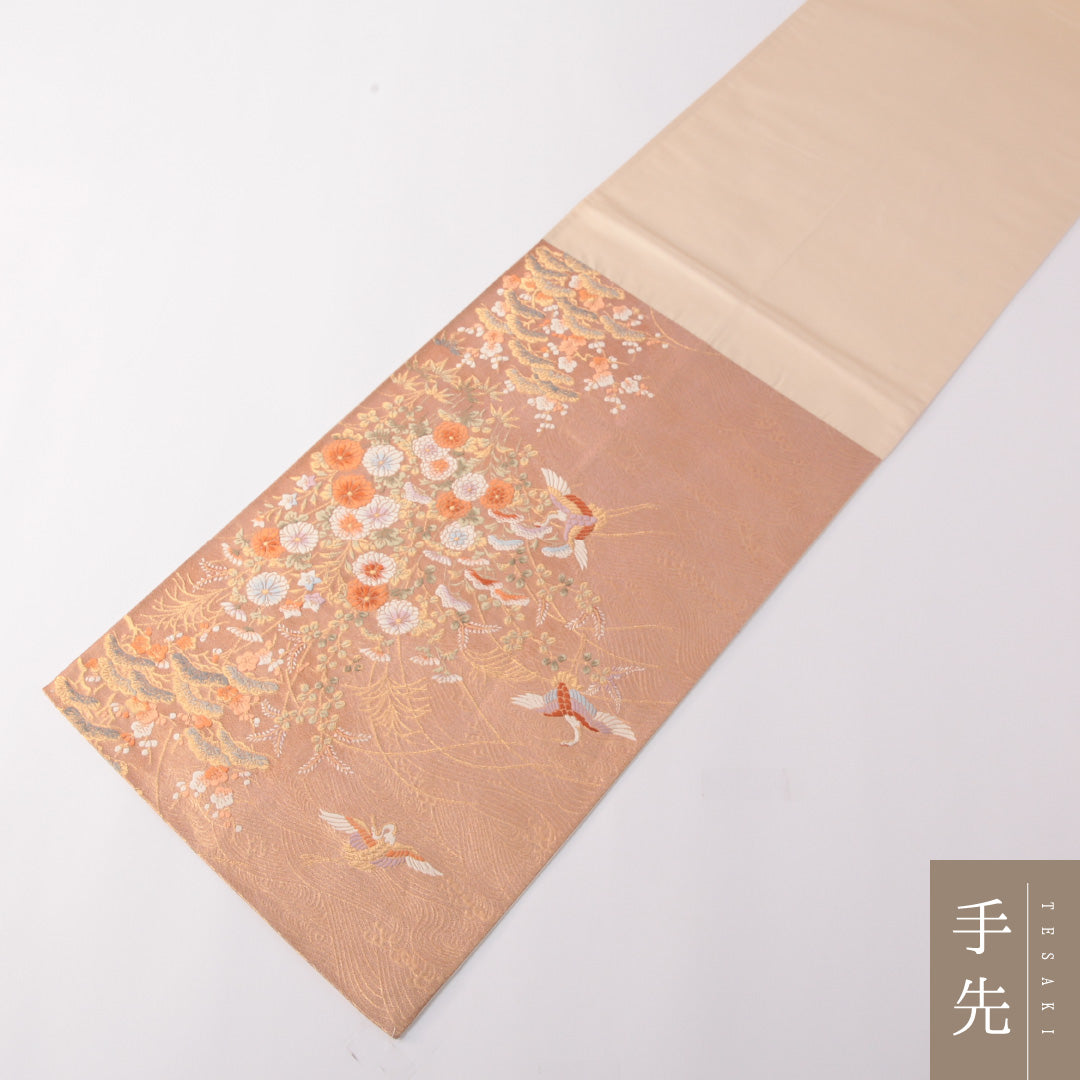 袋帯 帯丈436cm 正絹 六通 フォーマル ふくれ織 鶴 荒磯 吉祥文様 ピンク系 朱系 1243-01779