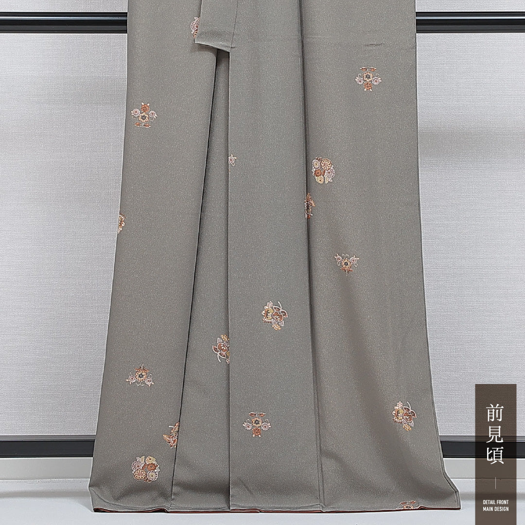 洗える着物 付下げ 袷 身丈165cm 裄丈64cm ポリエステル Sランク インフォーマル バチ衿 XLサイズ 菊 花文 グレー系 RP 1218-16099