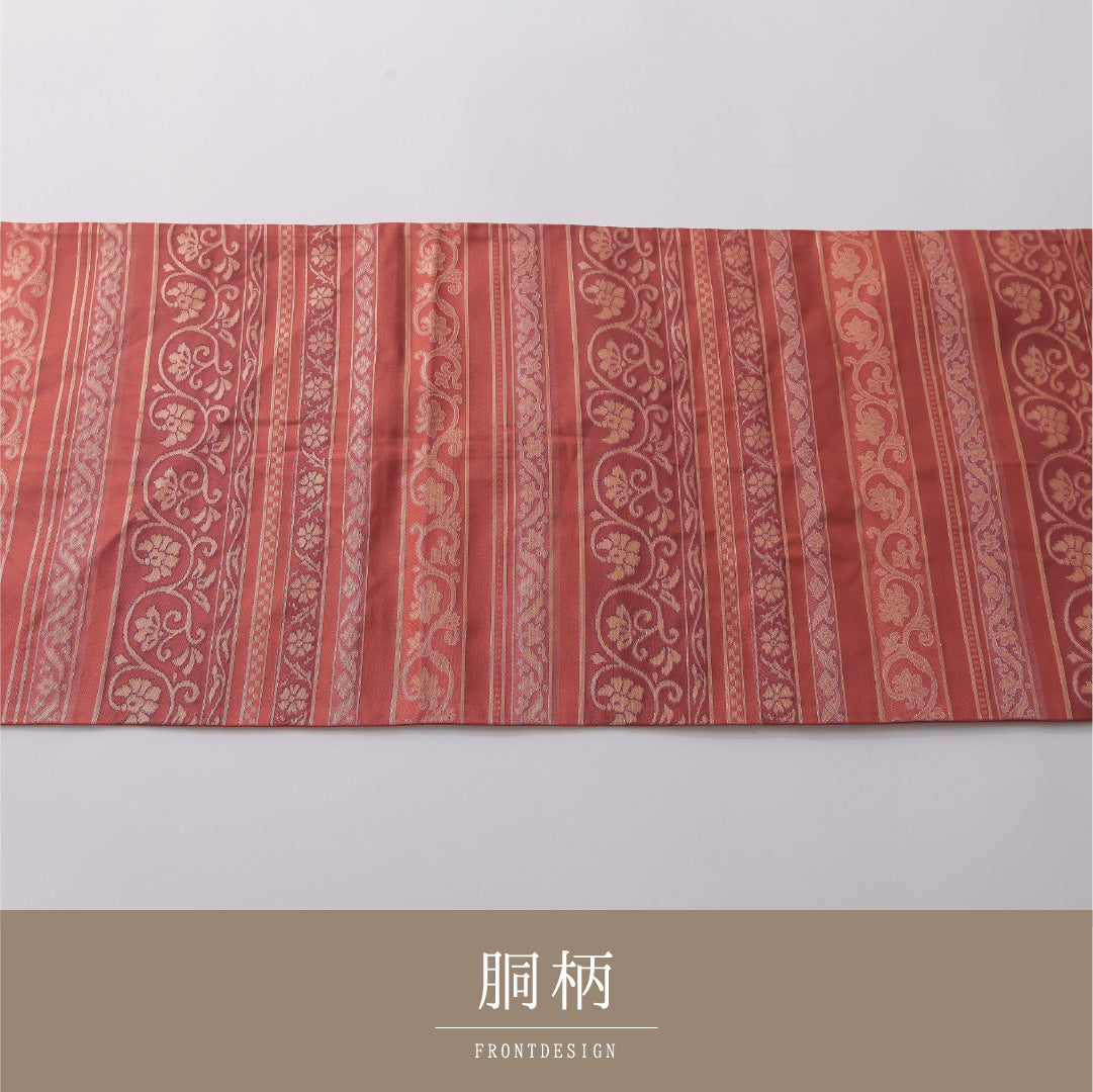 九寸名古屋帯 帯丈360cm カジュアル 開き仕立て 六通 Aランク 正絹 唐華 ピンク系 1224-03203