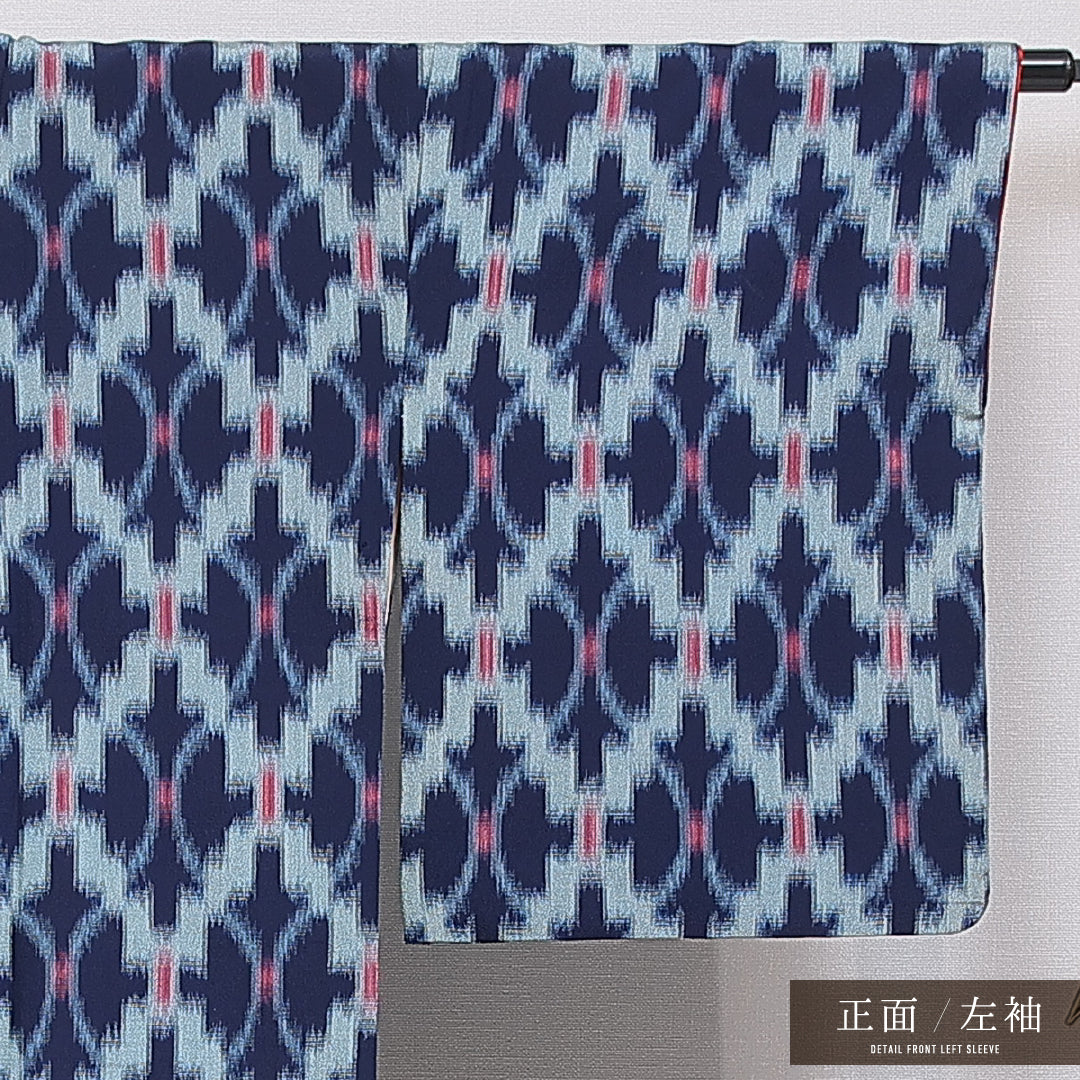 紬 袷 身丈160cm 裄丈68cm 正絹 Aランク カジュアル バチ衿 Lサイズ 菱 紺系 RP 1223-16739