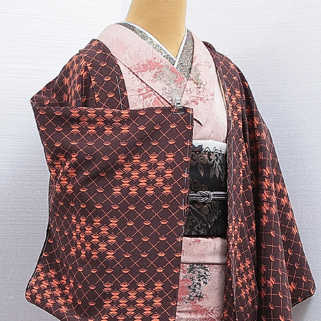 羽織 袷 身丈78cm 裄丈63cm 正絹 Bランク カジュアル Sサイズ 扇 茶系 HP 1232-16190
