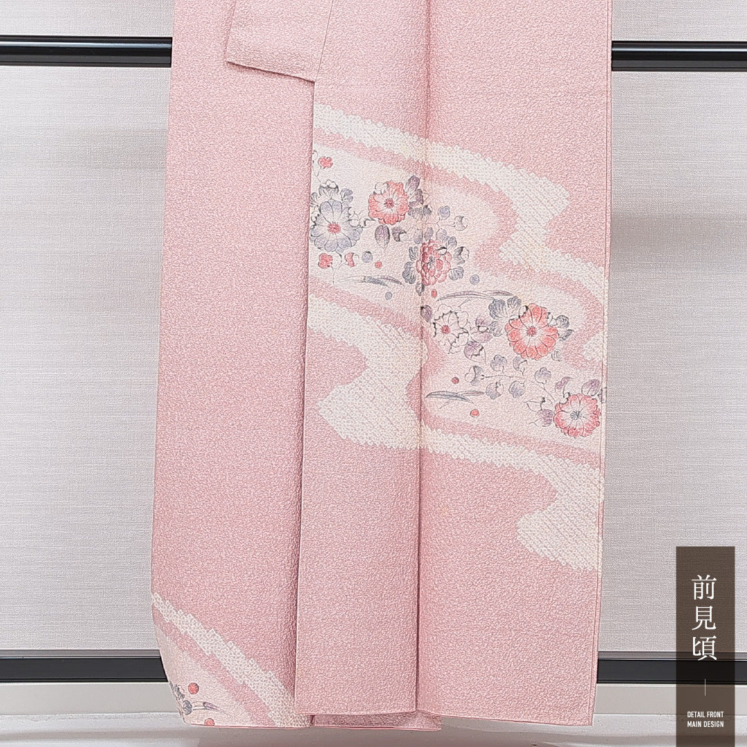 訪問着 袷 身丈157cm 裄丈63cm 正絹 Cランク 一つ紋 セミフォーマル 広衿 Mサイズ 花柄 ピンク系 HP 1217-15695