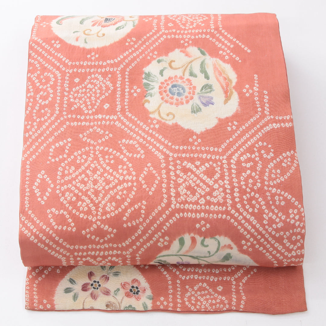 アンティーク 九寸名古屋帯 帯丈30.9cm 名古屋仕立て 全通 Bランク 正絹 染め帯 蜀江 花柄 ピンク系 1224-04047