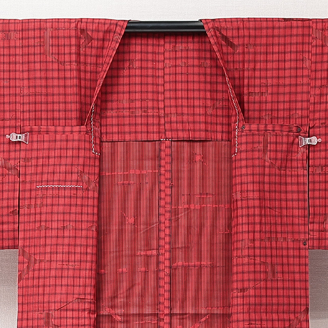 道行コート 単衣 身丈121cm 裄丈61cm 正絹 Dランク セミフォーマル Sサイズ ポケットあり 格子 赤系 HP 1237-15294