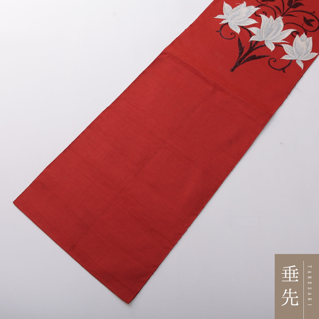 八寸名古屋帯 帯丈363cm カジュアル 名古屋仕立て ポイント柄 Bランク 正絹 花柄 朱系 1224-03417