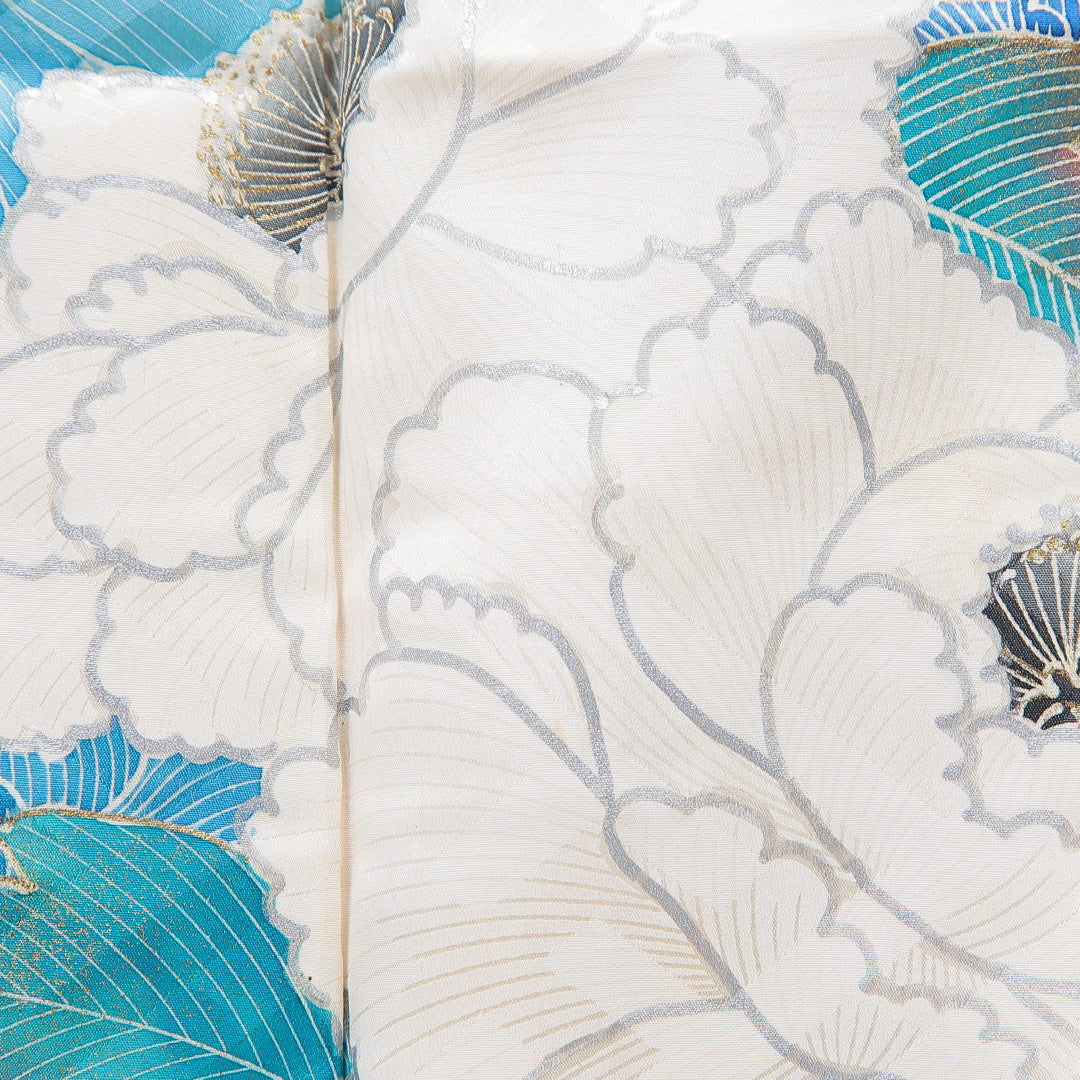 訪問着 袷 身丈154cm 裄丈63cm 正絹 Cランク Sサイズ 広衿 セミフォーマル 牡丹 金彩 クリーム系 水色系 1212-15755